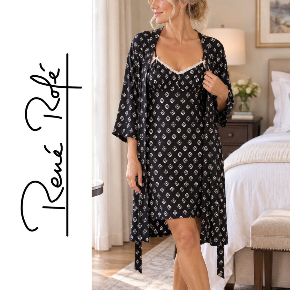 Rene Rofe, Medallion Nightgown Chemise and Robe Set Black White Size Medium